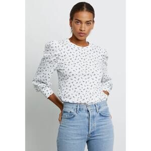 RAILS White Blue Floral Emilia Puff Sleeve Classic Fit Cotton Tee Indigo Buds S